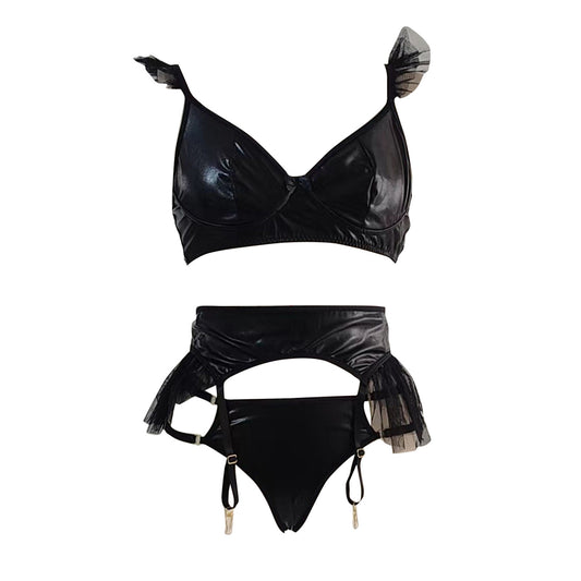 European And American New Sexy Lingerie Sexy Women's Patent Leather Mesh Garter Belt Three-piece Sexy Suit