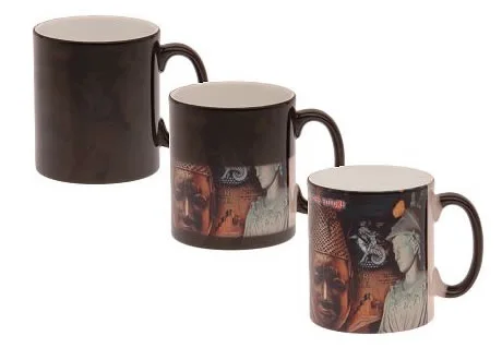 Magic mugs look black when they are cold, but reveal an image beneath when filled with warm liquid.  