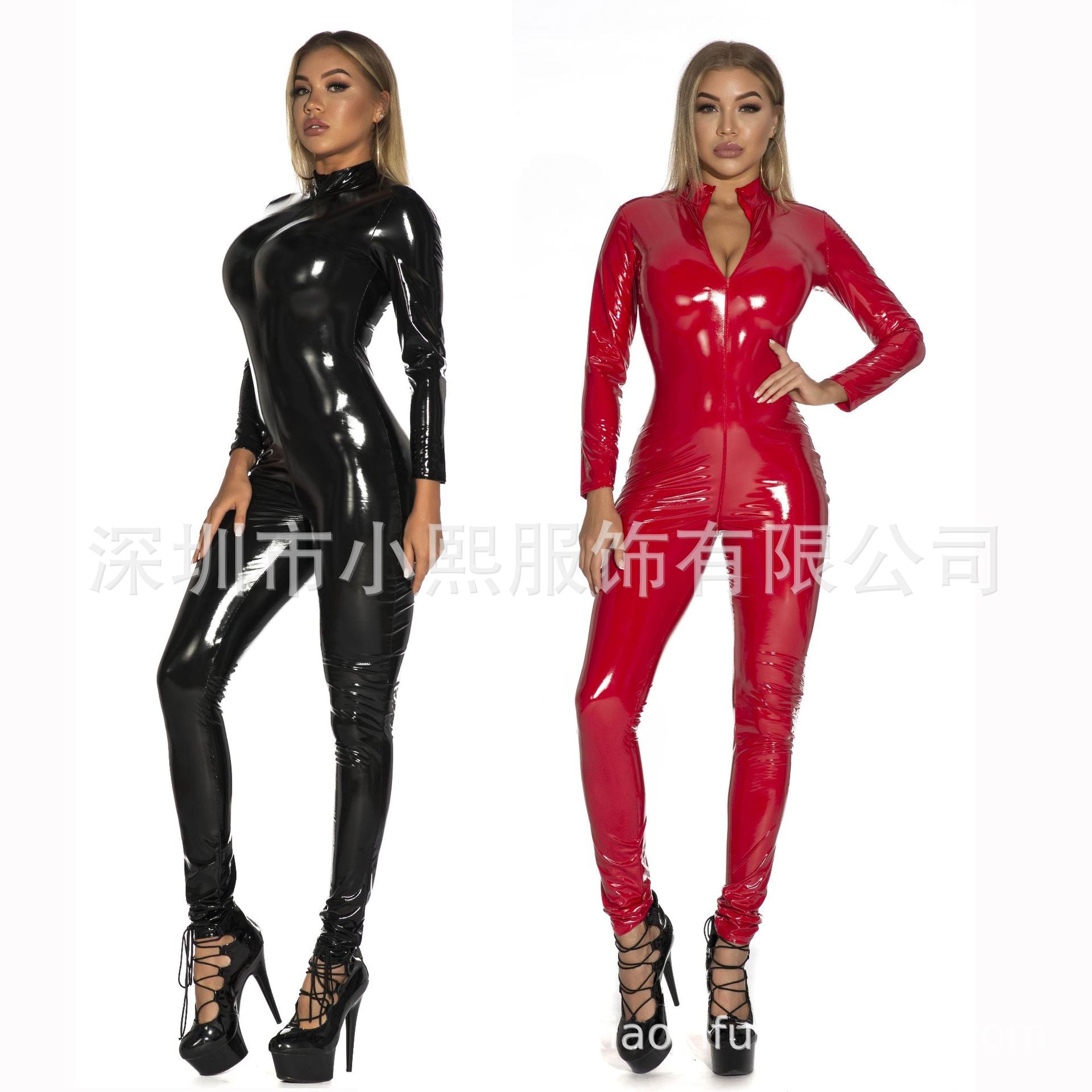 Glossy Patent Leather PU Leather Mirror Sexy Lingerie Women's Zipper Crotch Nightclub One-piece Leather Jacket S-5XL