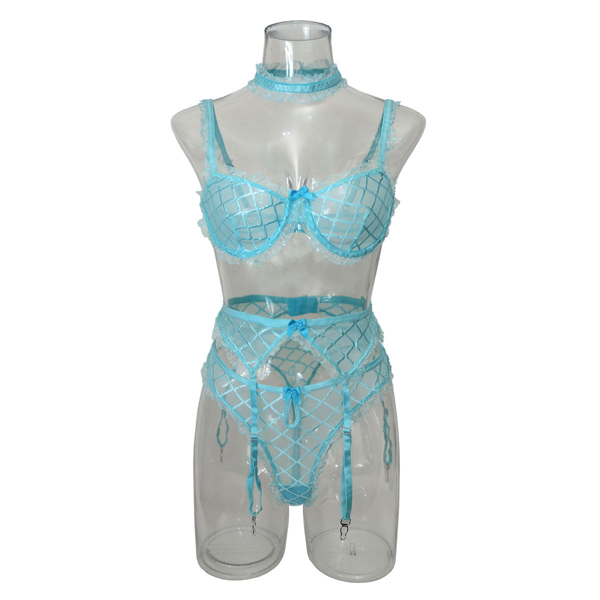 Hot Selling Sexy Lingerie Big Grid Sexy Gathered Fresh With Scarf Four-piece Set