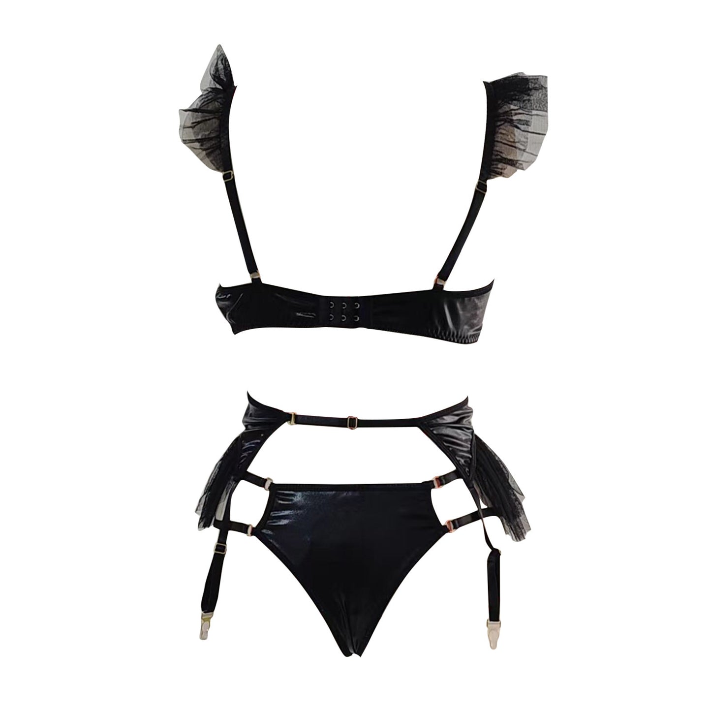 European And American New Sexy Lingerie Sexy Women's Patent Leather Mesh Garter Belt Three-piece Sexy Suit