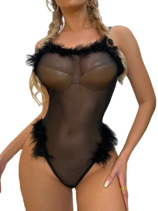 Sexy Lingerie New Sling Mesh Perspective Jumpsuit Feather Sexy Erotic Jumpsuit