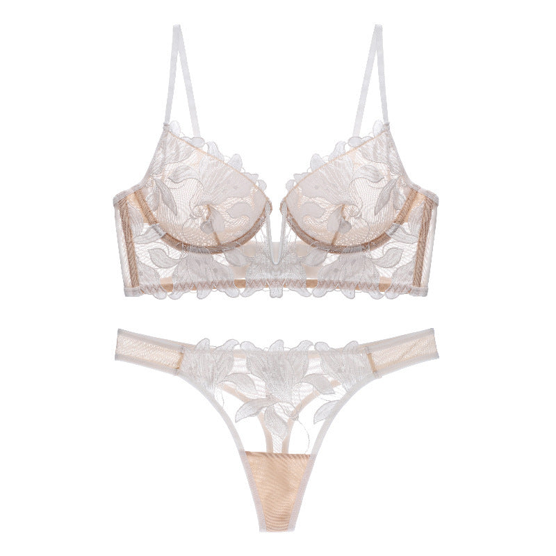 French Lingerie Women's Big Breasts Show Small Deep V Belt Steel Ring Gather Side Mesh Embroidery Ultra-thin Sexy Bra Set