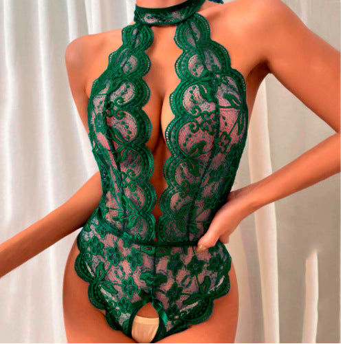 New Sexy Lingerie Sexy Lace Hollow-out Perspective Halter Lace-up Women's One-piece Suit