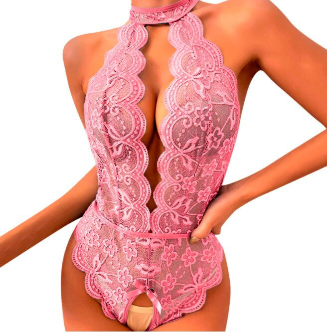 New Sexy Lingerie Sexy Lace Hollow-out Perspective Halter Lace-up Women's One-piece Suit
