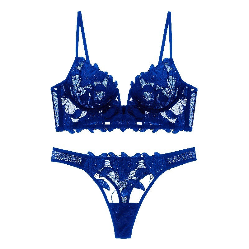French Lingerie Women's Big Breasts Show Small Deep V Belt Steel Ring Gather Side Mesh Embroidery Ultra-thin Sexy Bra Set