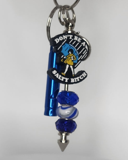 Keychain with blue and silver design on a white background
